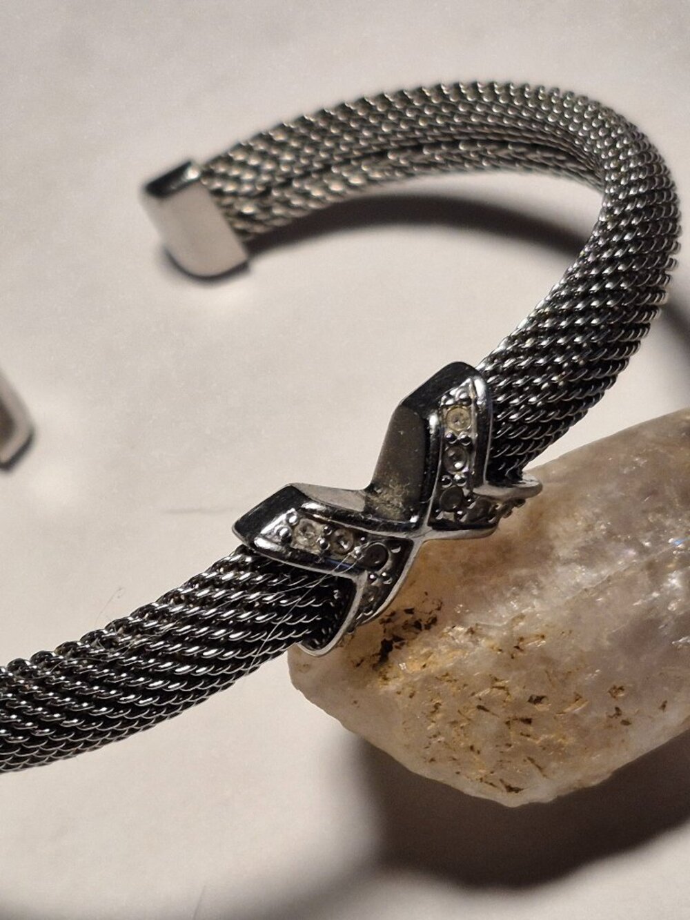 Skagen Silver Tone Woven Mesh Cuff Bracelet Cross/X Centerpiece Rhinestones